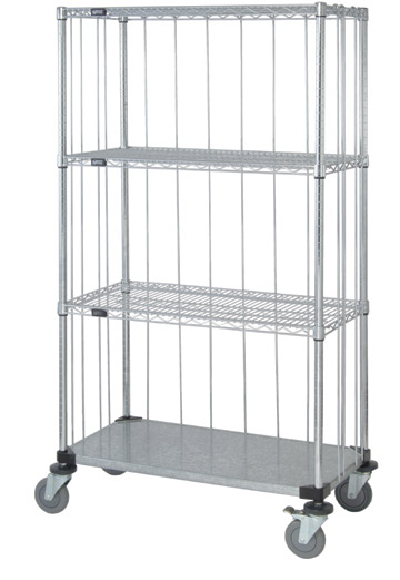 3-Sided Cart w/ 3 Wire Shelves & 1 Solid Shelf
