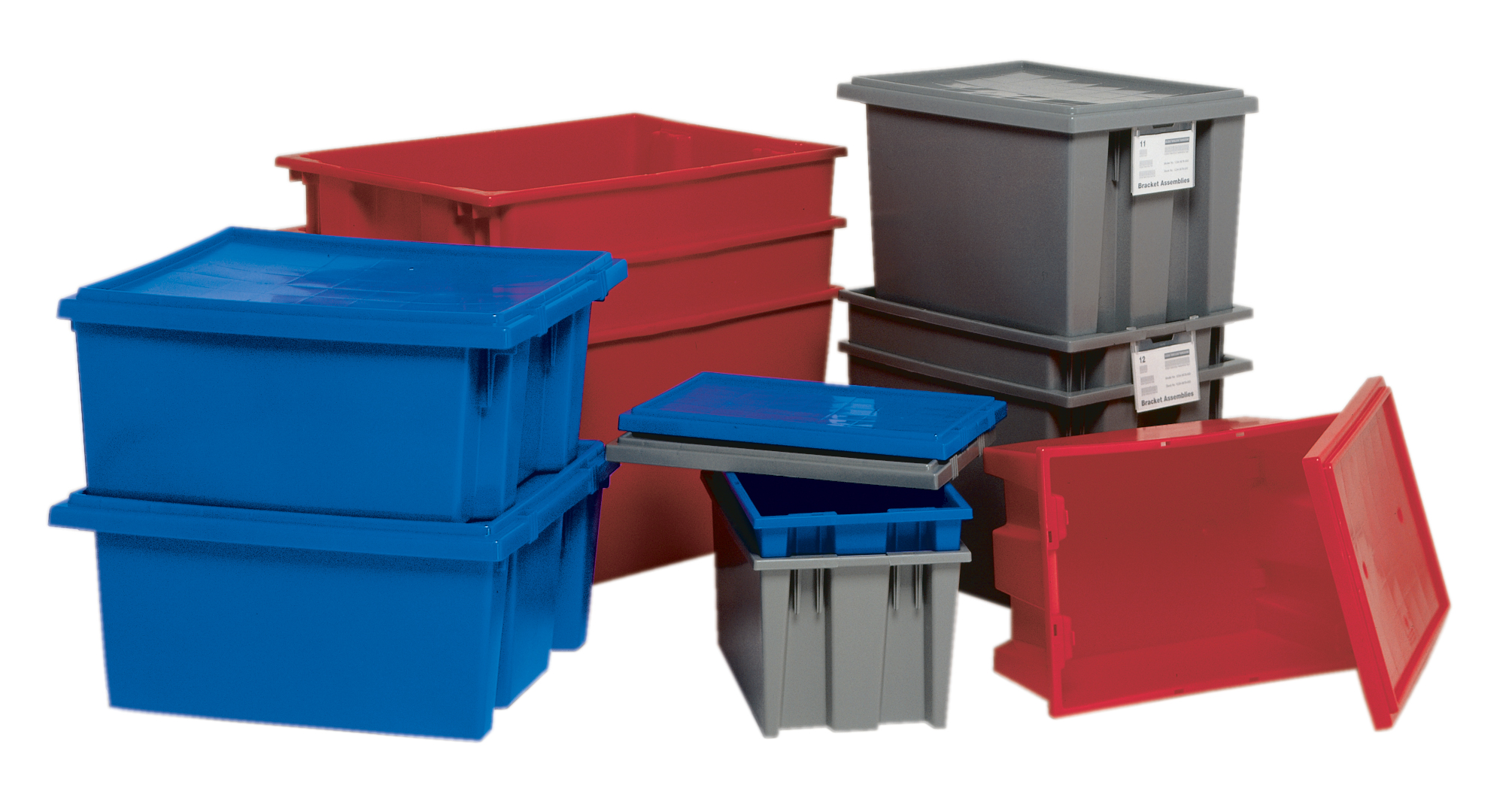 Stack and nest totes: 29-1/2"L x 19-1/2"W x 15"H
