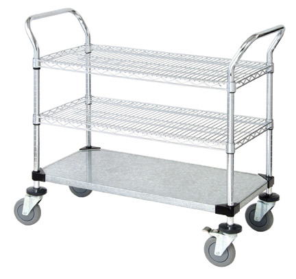 2 Wire Shelf & 1 Solid Shelf Mobile Utility Cart