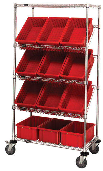 Wire Mobile Slanted Shelf Unit w/ Bins - Chrome